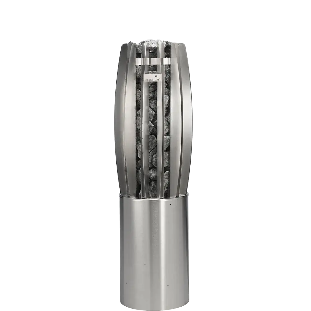 Stainless steel electric sauna heater on grey background