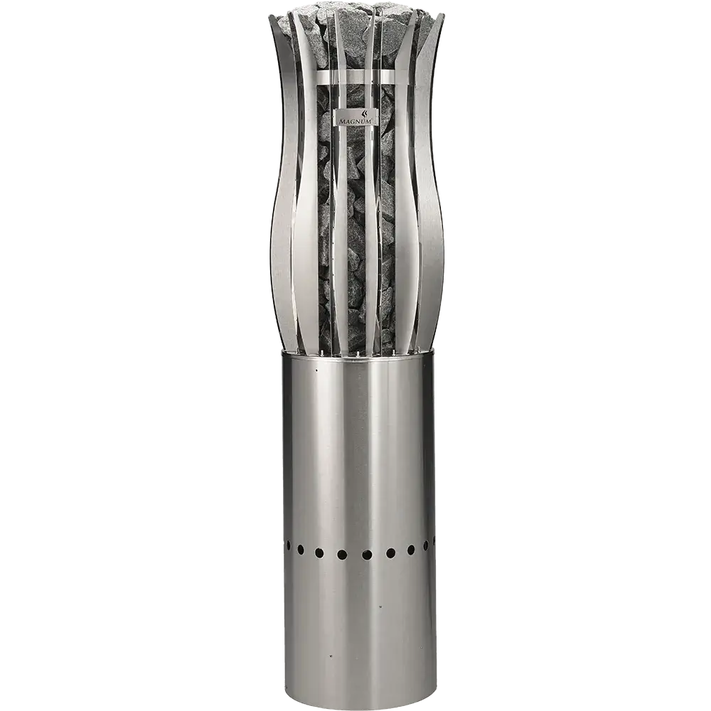 Stainless steel pepper grinder with stone top on a white background