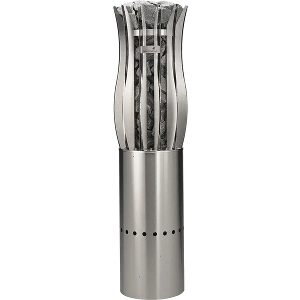 Stainless steel pepper grinder with stone top on a white background