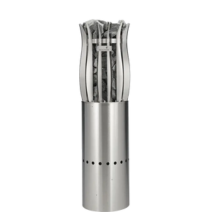 Stainless steel chimney starter with mesh cover on a white background