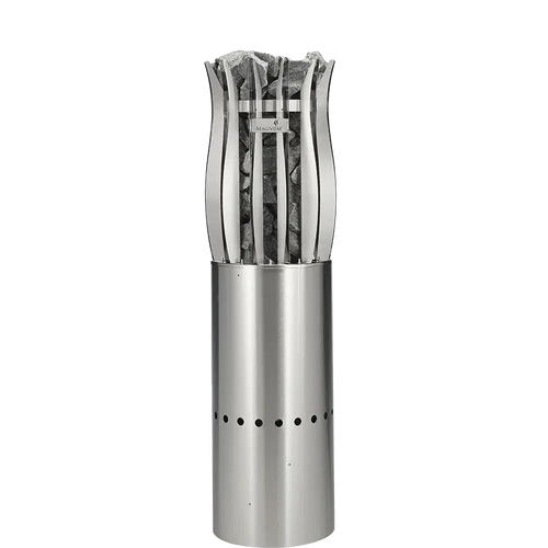 Stainless steel chimney starter with mesh cover on a white background