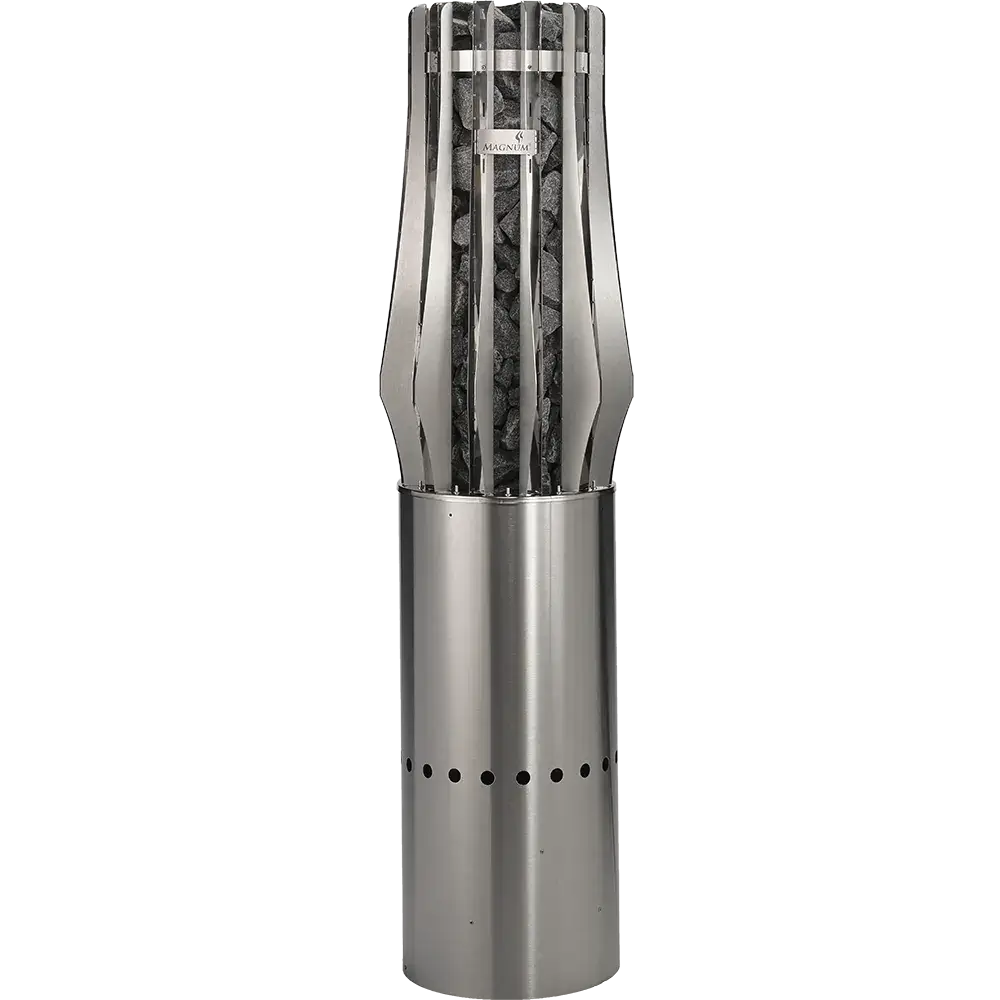 Metal chimney pipe with decorative top on a white background