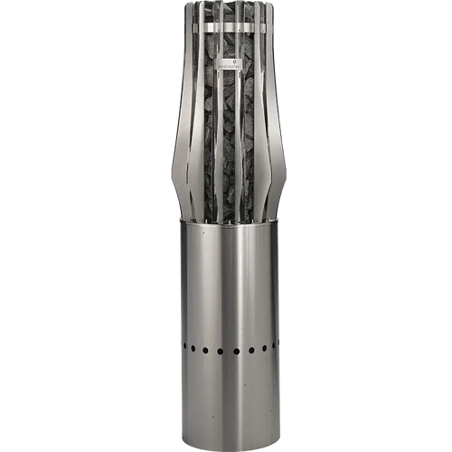 Metal chimney pipe with decorative top on a white background