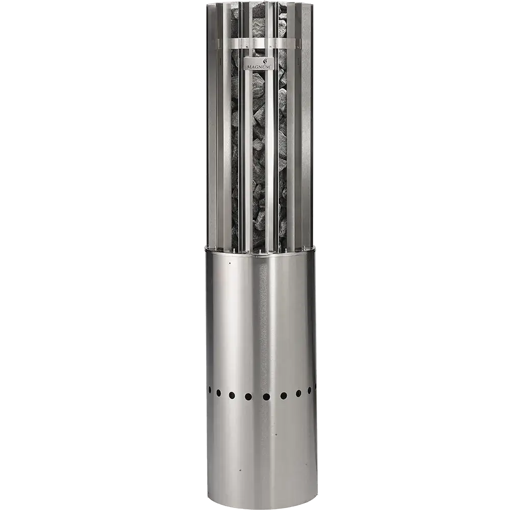 Stainless steel outdoor fire pit with glass panels on a white background