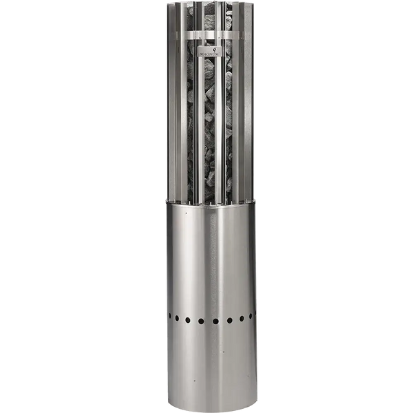 Stainless steel outdoor fire pit with glass panels on a white background