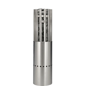 Stainless steel chiminea with decorative elements on a white background