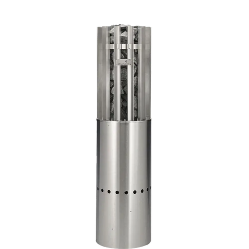 Stainless steel chiminea with decorative elements on a white background