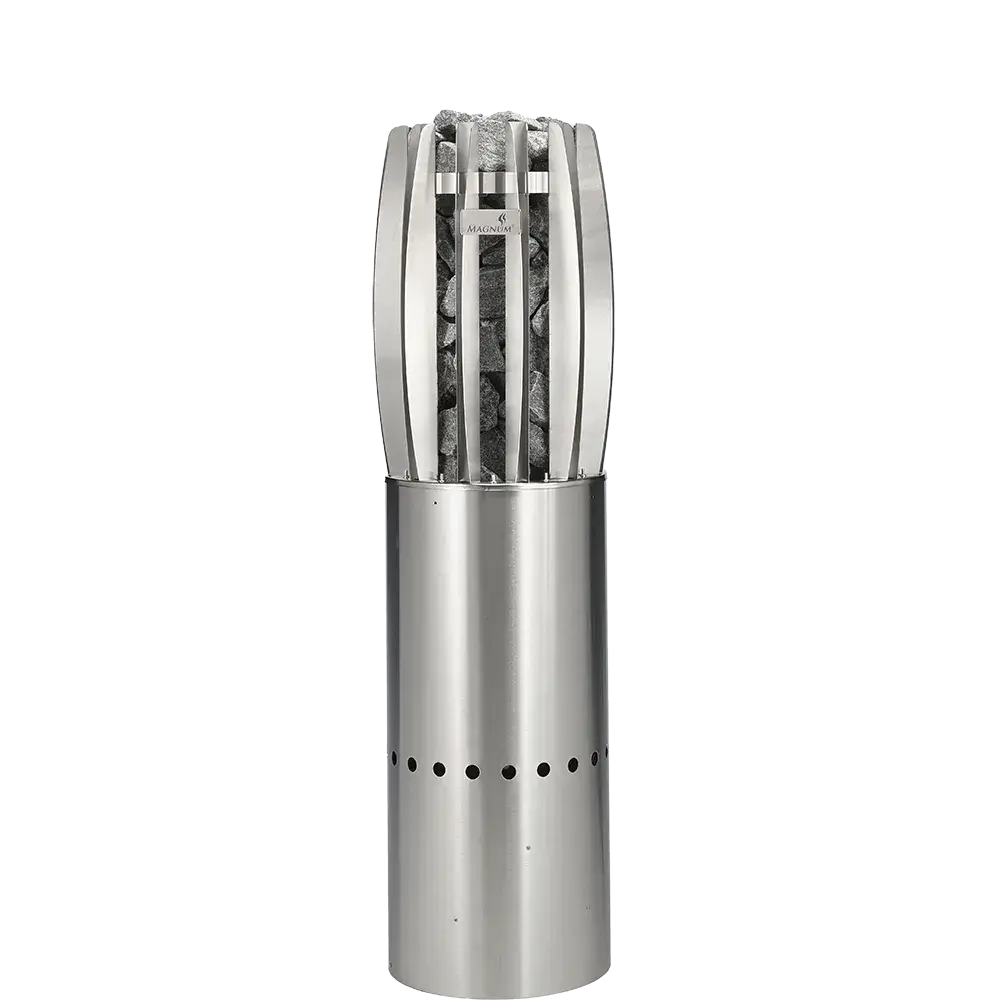 Stainless steel chimney starter with charcoal inside on a white background
