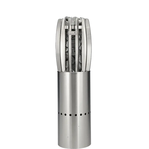 Stainless steel chimney starter with charcoal inside on a white background