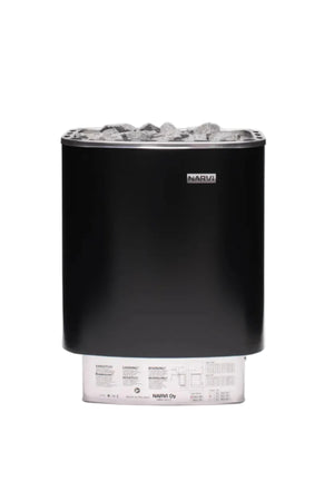Black electric sauna heater with stones on top, branded 'Narvi', on a white background