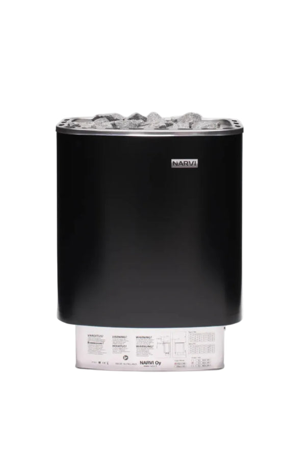 Black electric sauna heater with stones on top, branded 'Narvi', on a white background