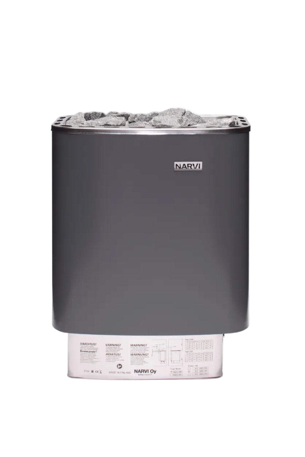 Grey electric sauna heater with 'NARVI' branding on a white background