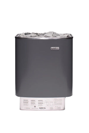 Grey electric sauna heater with 'NARVI' branding on a white background