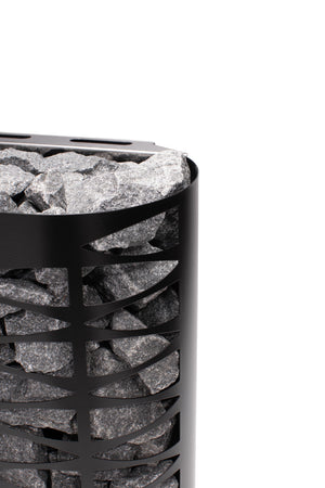 Narvi black electric sauna heater with geometric design on a white background