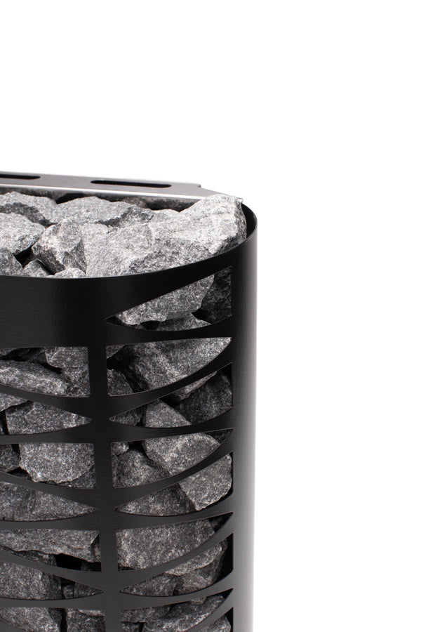 Narvi black electric sauna heater with geometric design on a white background