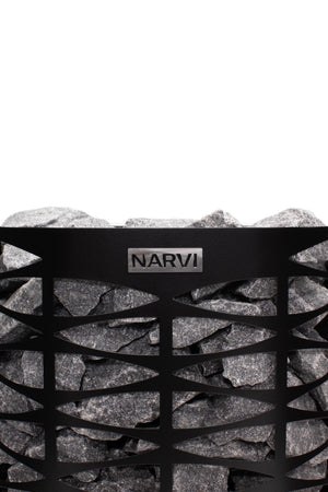 Narvi black electric sauna heater with geometric design on a white background