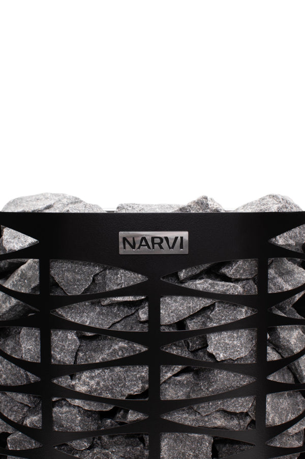 Narvi black electric sauna heater with geometric design on a white background