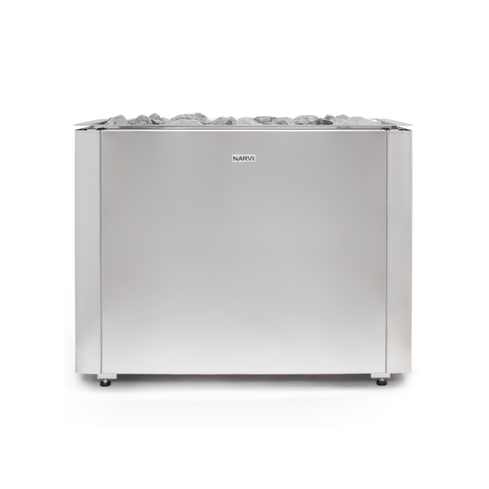 Narvi Ultra Big Stainless Electric Sauna Heater with grey sauna stones on a white background