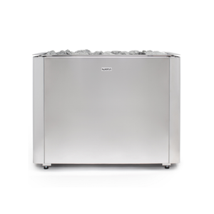 Narvi Ultra Big Stainless Electric Sauna Heater with grey sauna stones on a white background