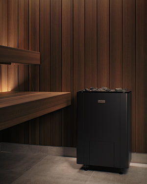 Narvi Ultra Small Black Electric Sauna Heater in a sauna
