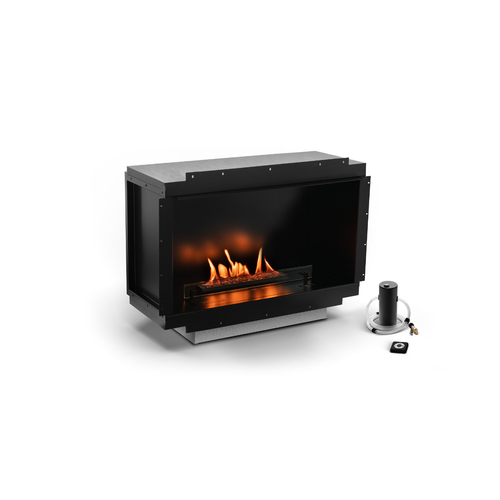 Modern planika electric fireplace with flames on a white background