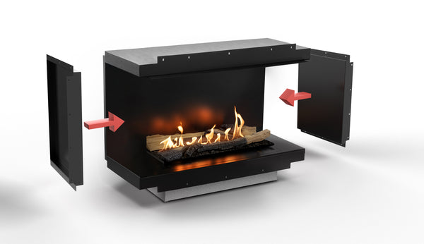 Modern planika black fireplace with open panels on a white background