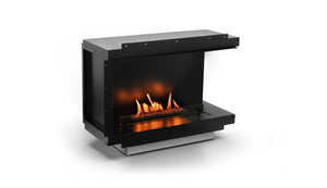 Modern black electric fireplace with flames on a white background