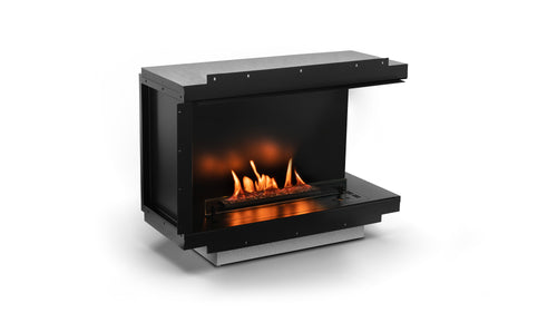 Modern black electric fireplace with flames on a white background