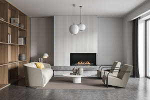 Modern living room with a planika neo fireplace, bookshelf, and comfortable seating.