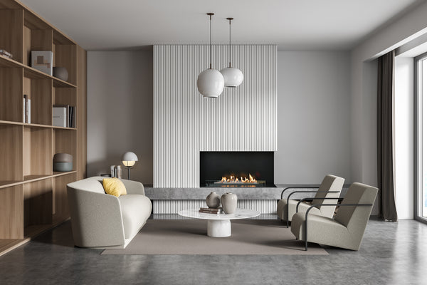 Modern living room with a planika neo fireplace, bookshelf, and comfortable seating.