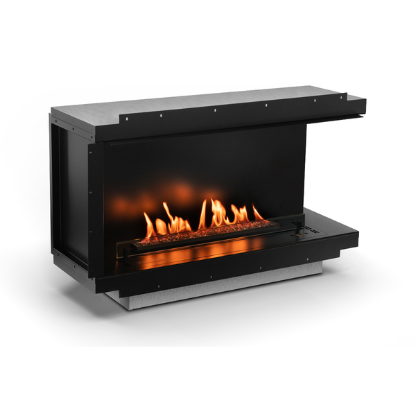 Modern black electric fireplace with flames on a white background