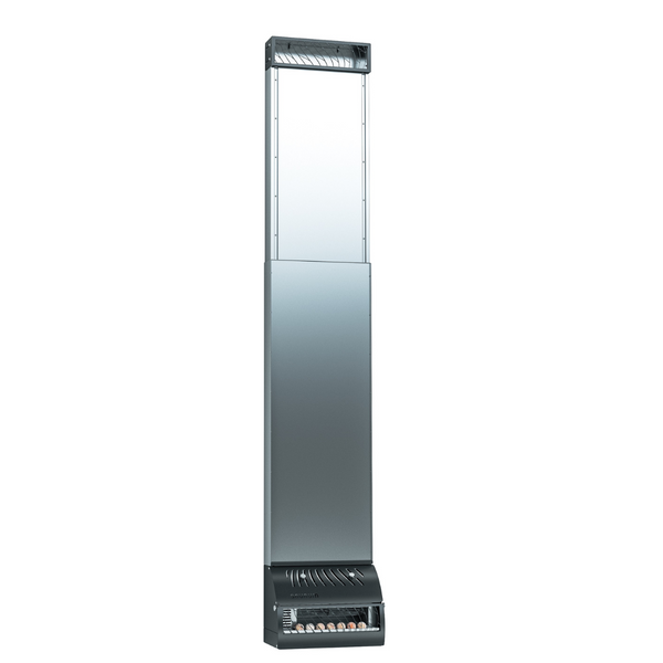 Tall, rectangular metal sauna base with a reflective surface on a white background