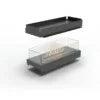 Black rectangular fireplace with a clear glass top on a white background