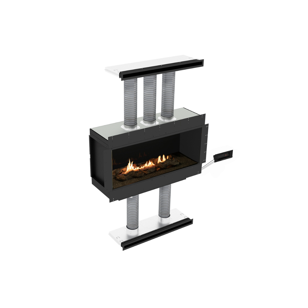Modern fireplace with glass door and metal legs on a white background