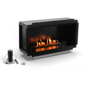 Modern planika electric fireplace with flames on a white background