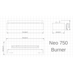 Technical drawing of a Neo 750 Burner with dimensions on a grid background