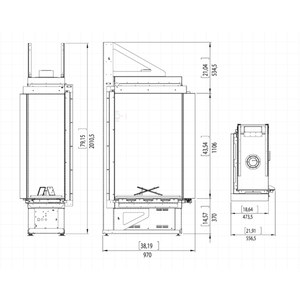 Technical drawing of an ethanol fireplace with dimensions labeled