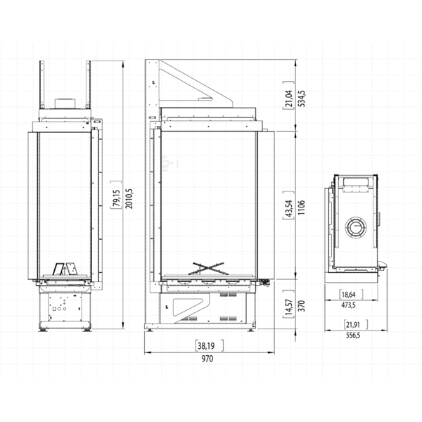 Technical drawing of an ethanol fireplace with dimensions labeled