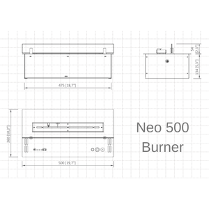 Technical drawing of a Neo 500 burner with dimensions on a grid background