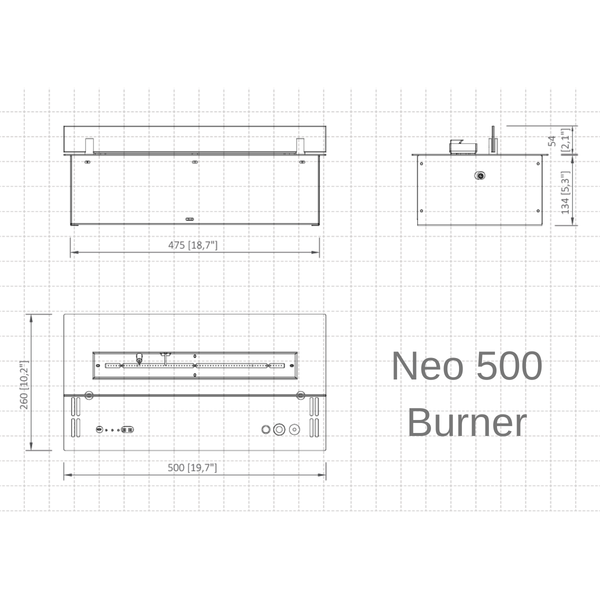 Technical drawing of a Neo 500 burner with dimensions on a grid background