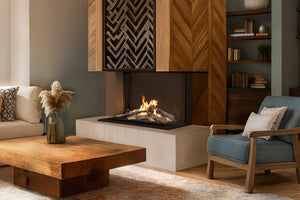 Cozy living room with a fireplace, couch, and coffee table.