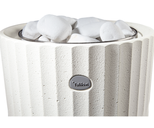 Integratable Round Standing Soapstone Cladded Electric Sauna Heater Tulikivi Riite Integrated Top Closeup
