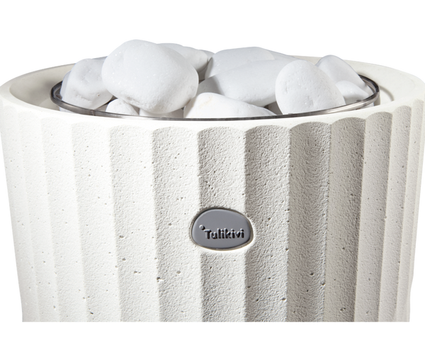 Integratable Round Standing Soapstone Cladded Electric Sauna Heater Tulikivi Riite Integrated Top Closeup