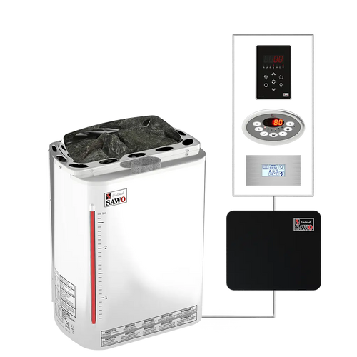 Sawo electric sauna heater with control panel and remote on a white background