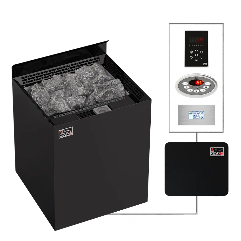 Black electric sauna heater with control panel on a white background
