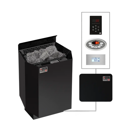 Black electric sauna heater with control panel on a white background
