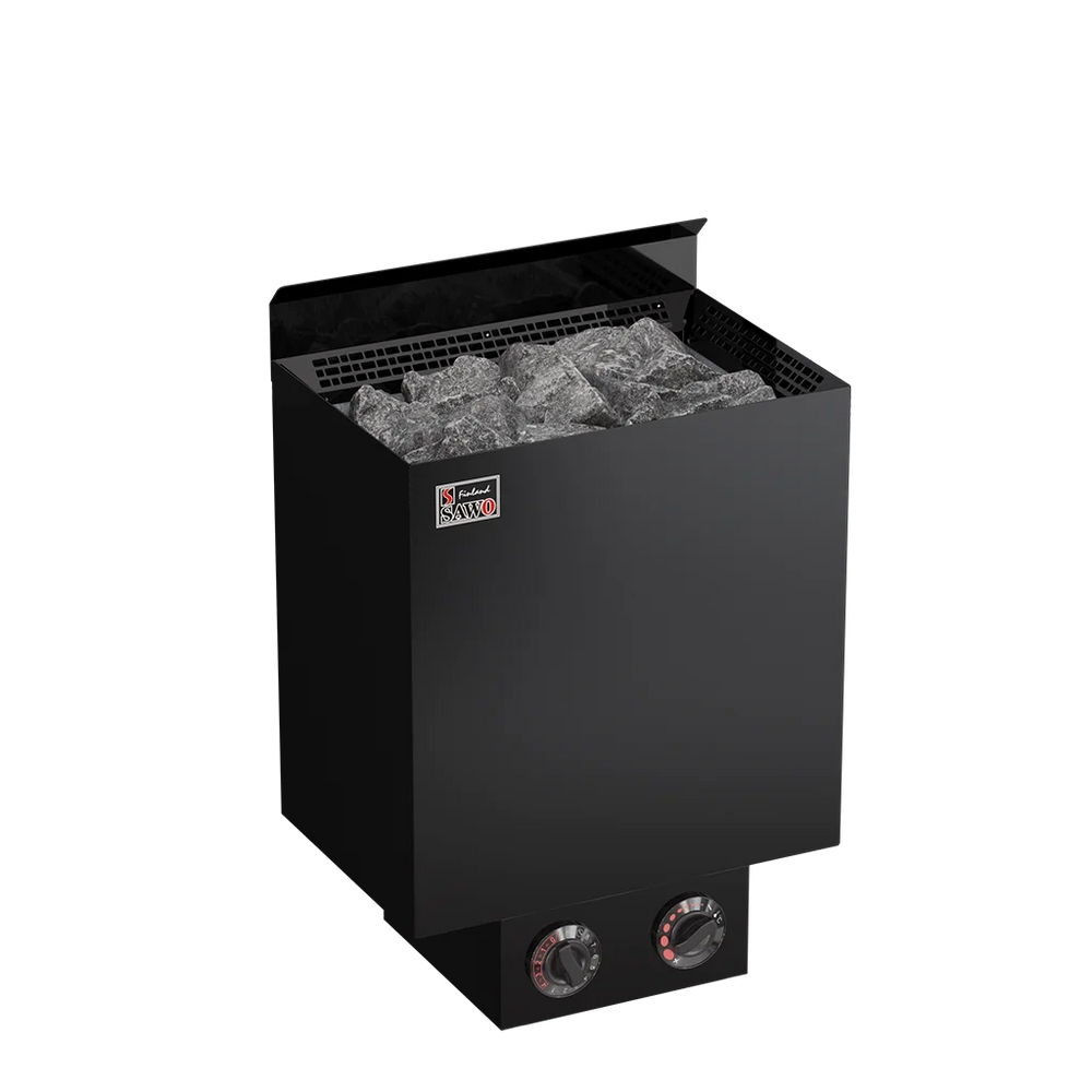 Black electric sauna heater with visible brand logo on a white background