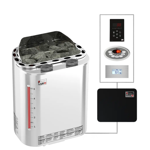 Portable electric sauna heater with rocks, control panel, and digital display on a white background