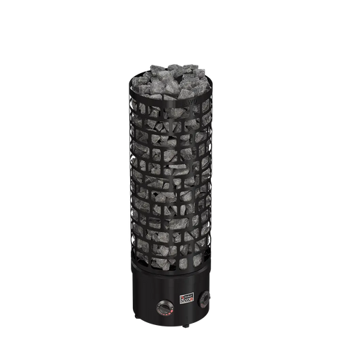 Black cylindrical electric sauna heater with stones on a white background