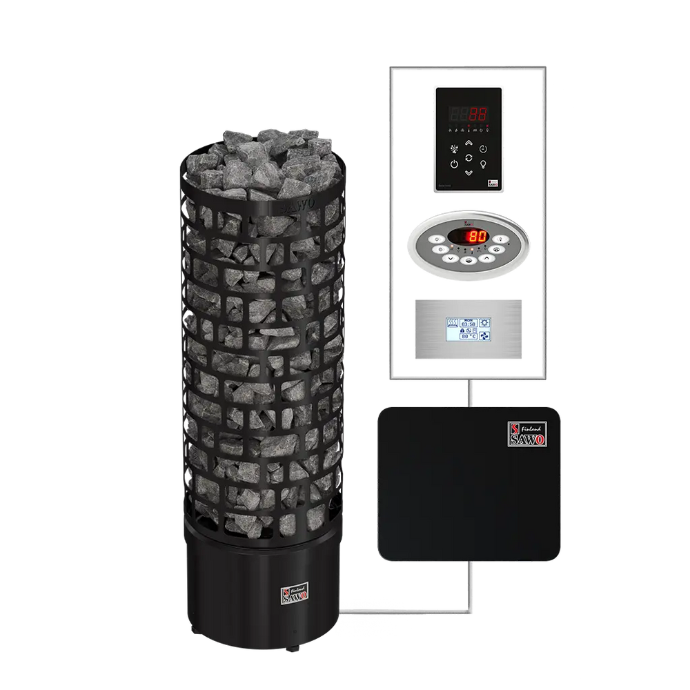 electric sauna heater cylindrical and control panel on a white background